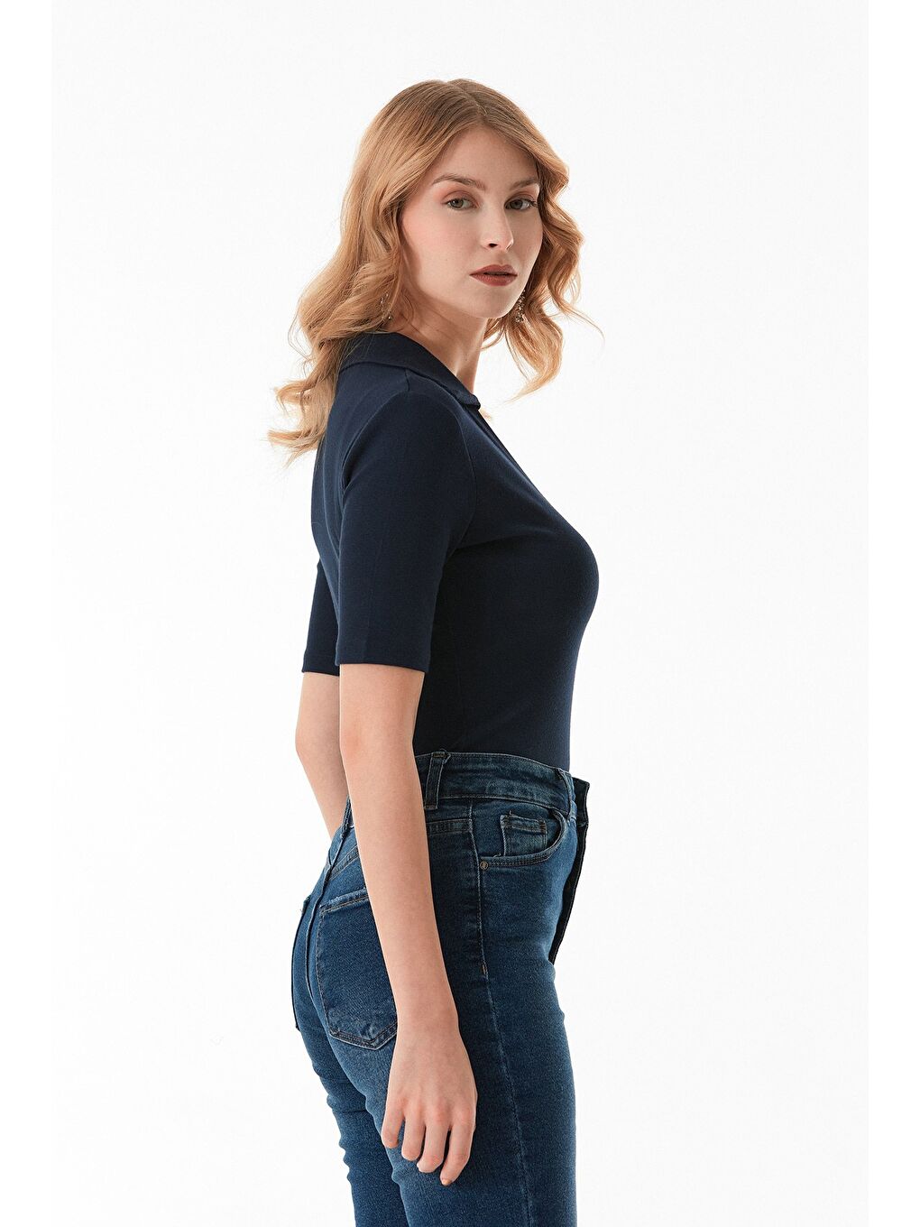 Lacivert Önü Düğmeli Polo Yaka Elastanlı Bluz-4