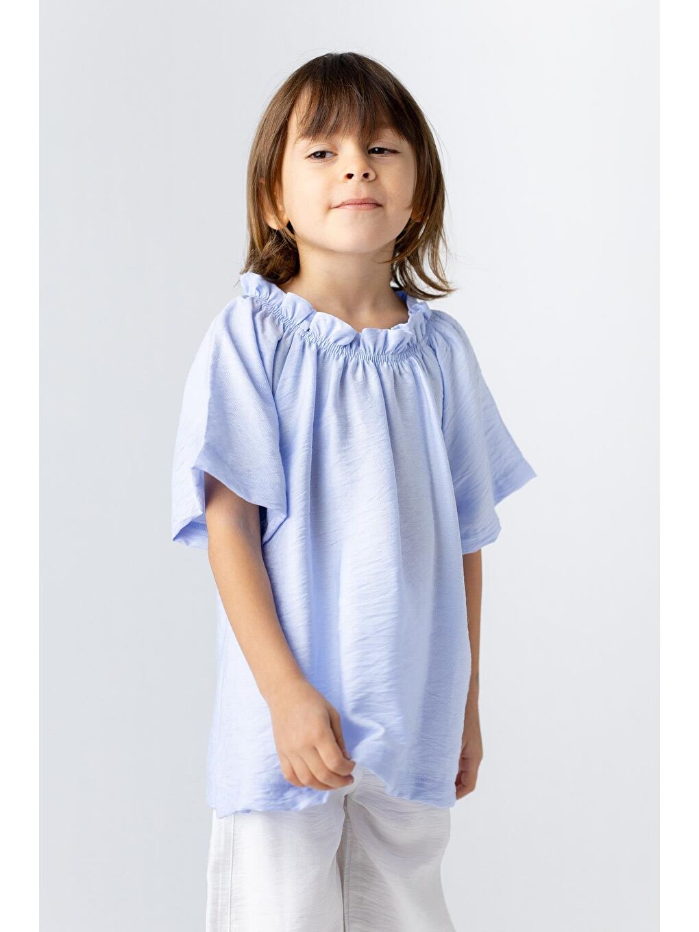 Mavi Kız Çocuk Dokuma Viskon Düz Bluz-1