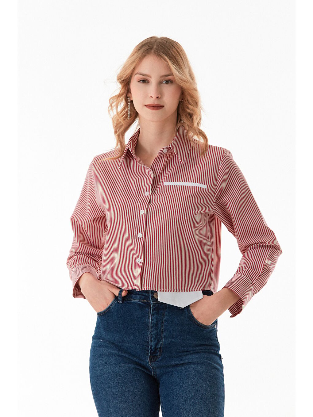 Kırmızı Çizgili Uzun Kol Crop Gömlek