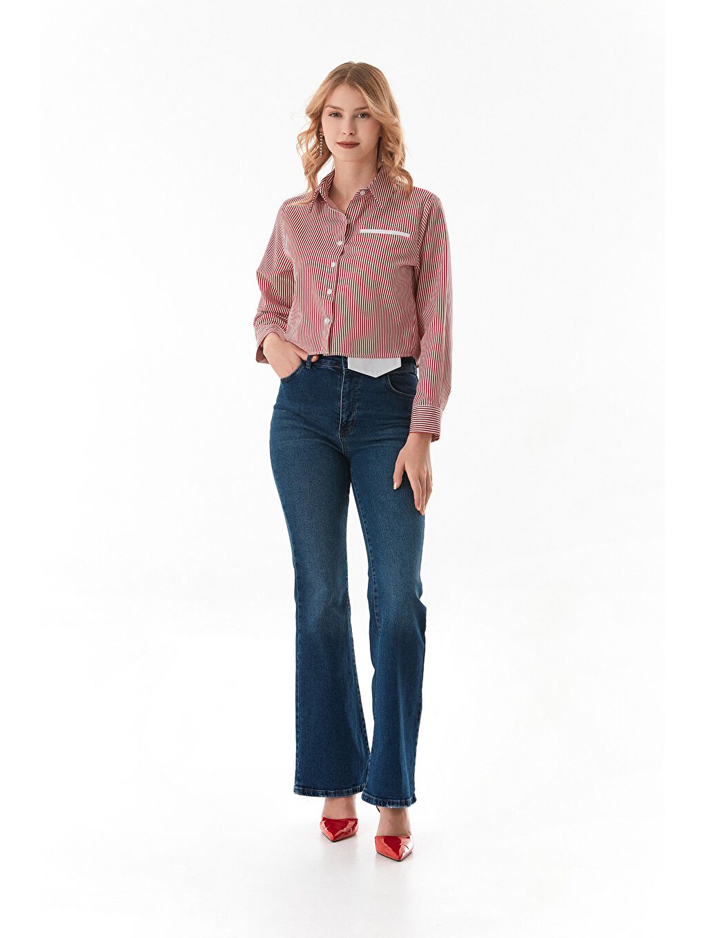 Kırmızı Çizgili Uzun Kol Crop Gömlek-1