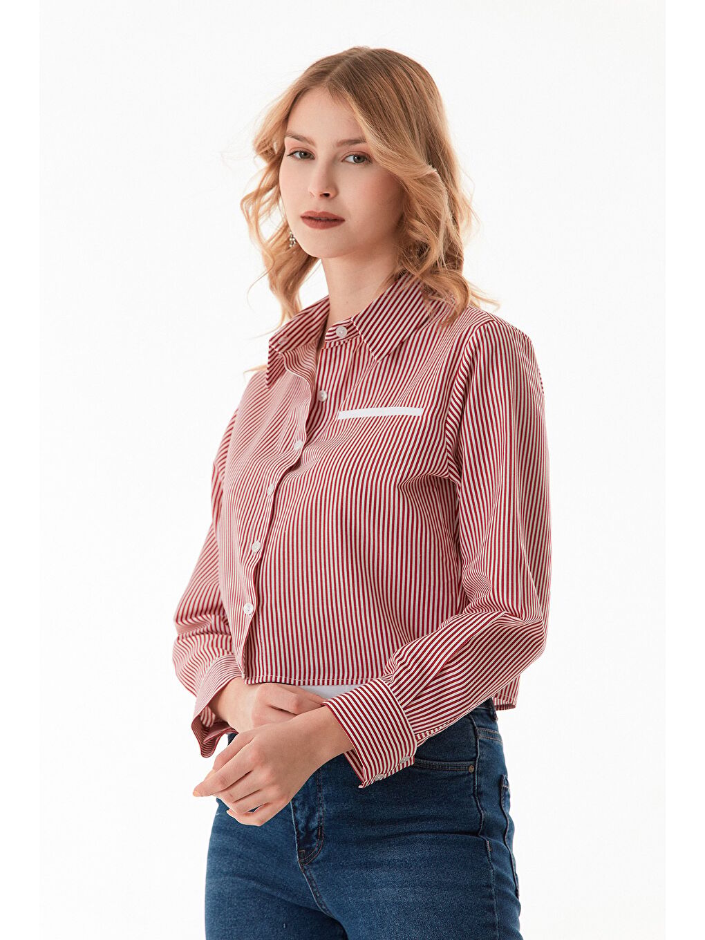 Kırmızı Çizgili Uzun Kol Crop Gömlek-2