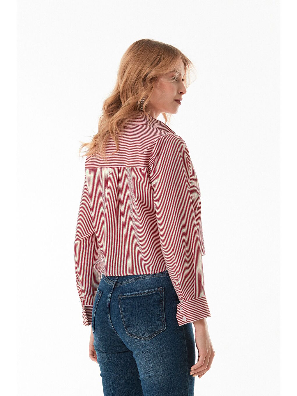 Kırmızı Çizgili Uzun Kol Crop Gömlek-3