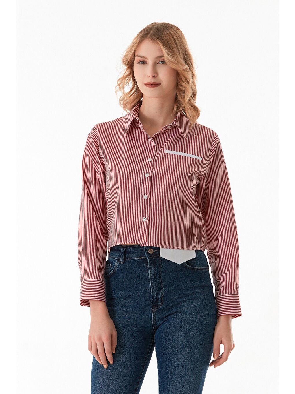 Kırmızı Çizgili Uzun Kol Crop Gömlek-4