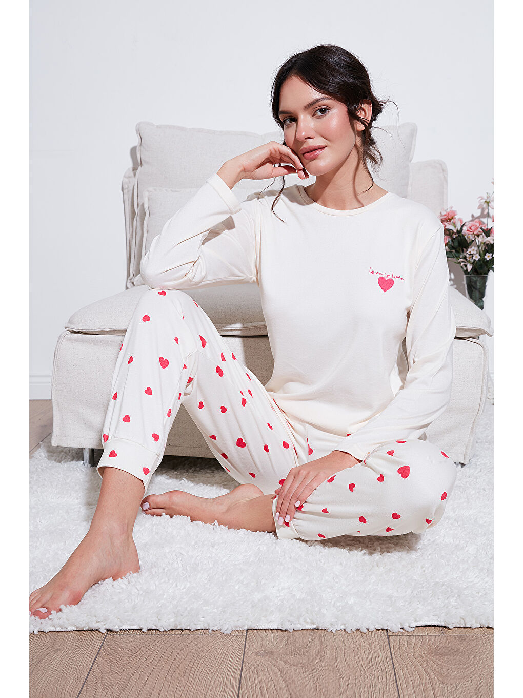 Lela Ekru Streç Regular Fit Beli Lastikli Bisiklet Yaka Kadın Pijama Takımı 65714101