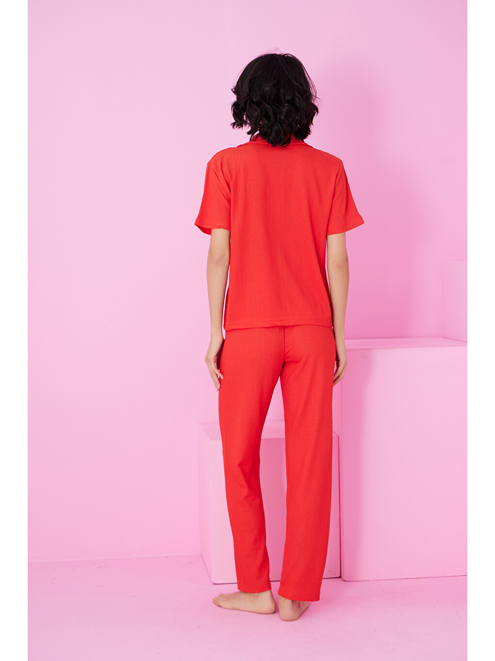Kırmızı Nar Çiçeği Bürümcük Krınkıl Kumaş Örme Düğmeli Pijama Takım7873-2