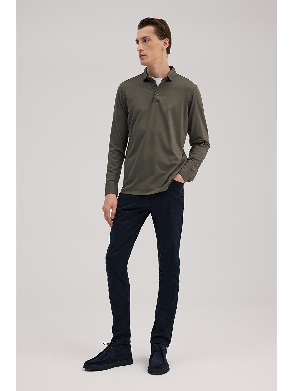 Haki Slim Fit Polo Yaka Sweatshirt-1