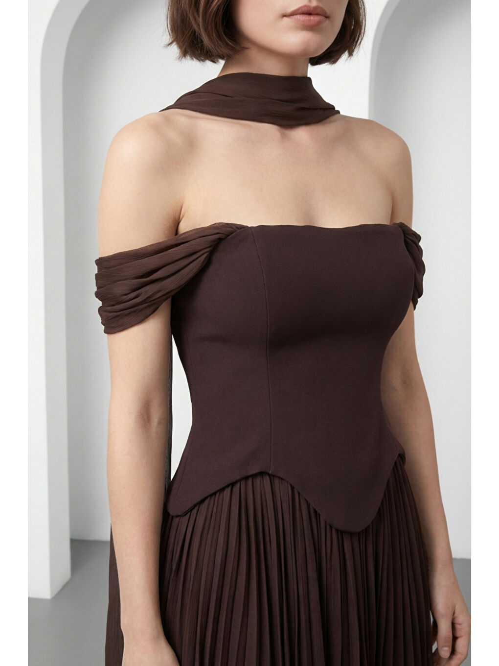 Kadın Kahverengi Şal Yaka Etek Ucu Volanlı Midi Söz Nişan Nikah Abiye-1