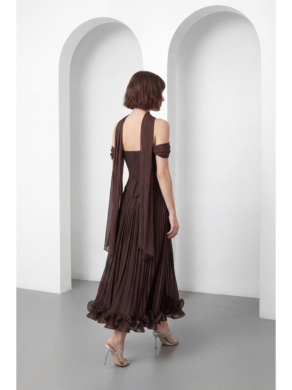 Kadın Kahverengi Şal Yaka Etek Ucu Volanlı Midi Söz Nişan Nikah Abiye-3