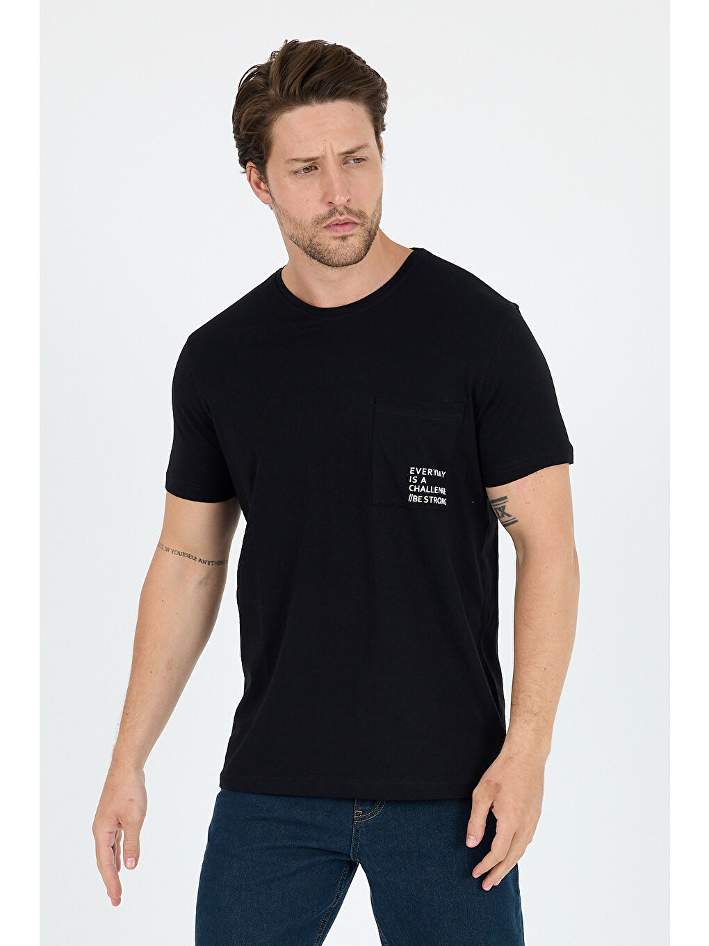 Siyah %100 Pamuk Sıfır Yaka Baskılı Rahat Kesim, Nefes Alabilir Kumaş Erkek Tişört Basic Tişört 0068