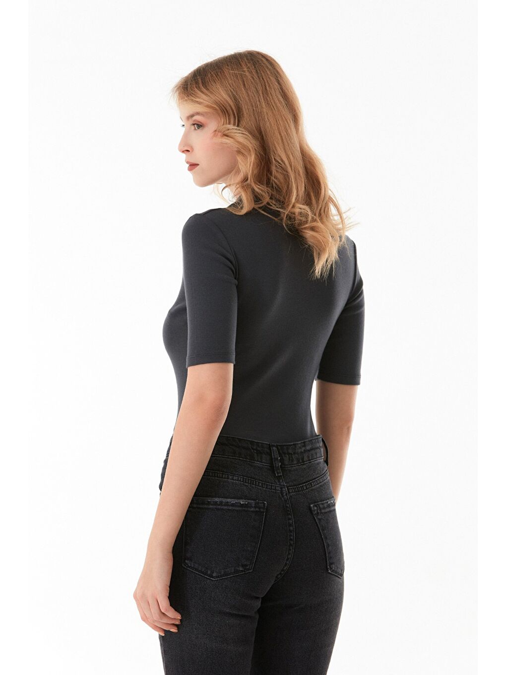 Antrasit Önü Düğmeli Polo Yaka Elastanlı Bluz-2