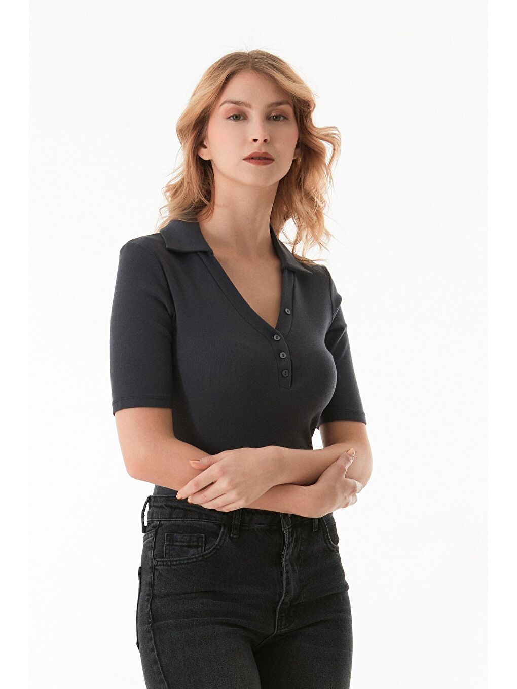 Antrasit Önü Düğmeli Polo Yaka Elastanlı Bluz-4