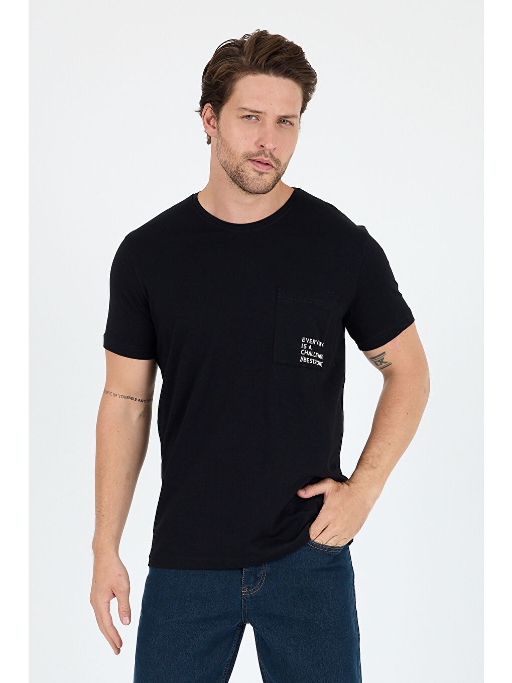 Siyah %100 Pamuk Sıfır Yaka Baskılı Rahat Kesim, Nefes Alabilir Kumaş Erkek Tişört Basic Tişört 0068-1