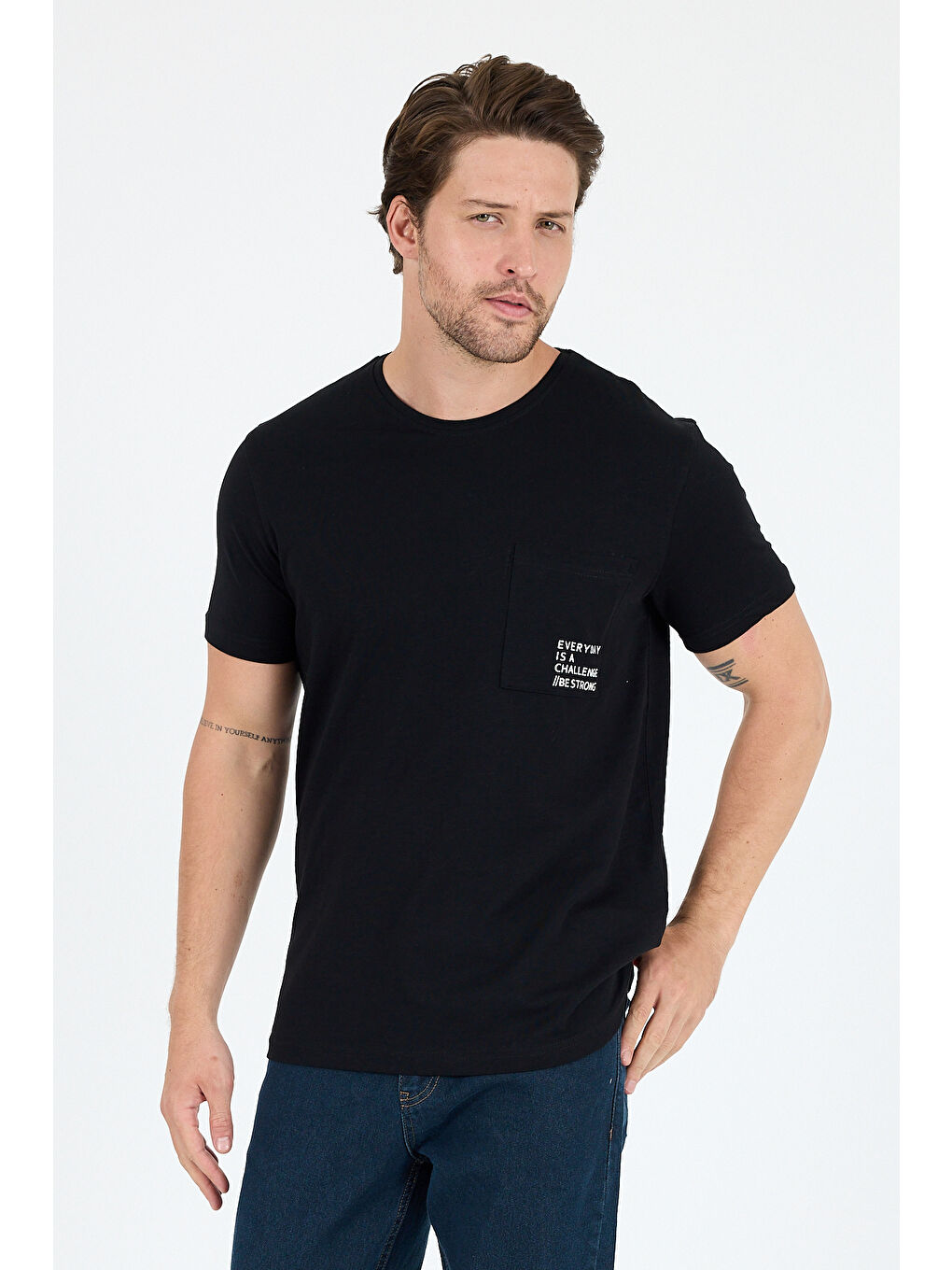 Siyah %100 Pamuk Sıfır Yaka Baskılı Rahat Kesim, Nefes Alabilir Kumaş Erkek Tişört Basic Tişört 0068-2