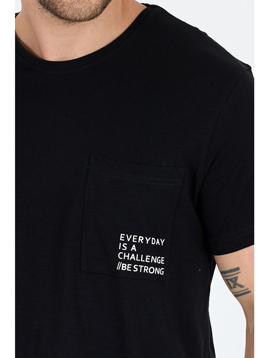 Siyah %100 Pamuk Sıfır Yaka Baskılı Rahat Kesim, Nefes Alabilir Kumaş Erkek Tişört Basic Tişört 0068-3