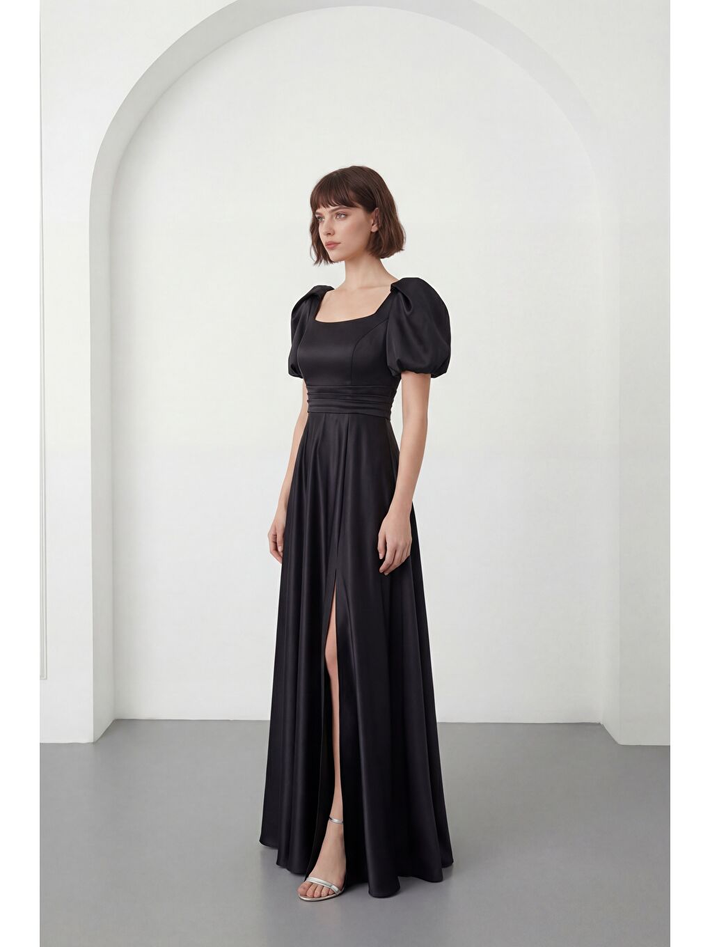 Kadın Siyah Kare Yaka Balon Kol Yırtmaçlı Söz Nişan Nikah Abiye Elbise-2