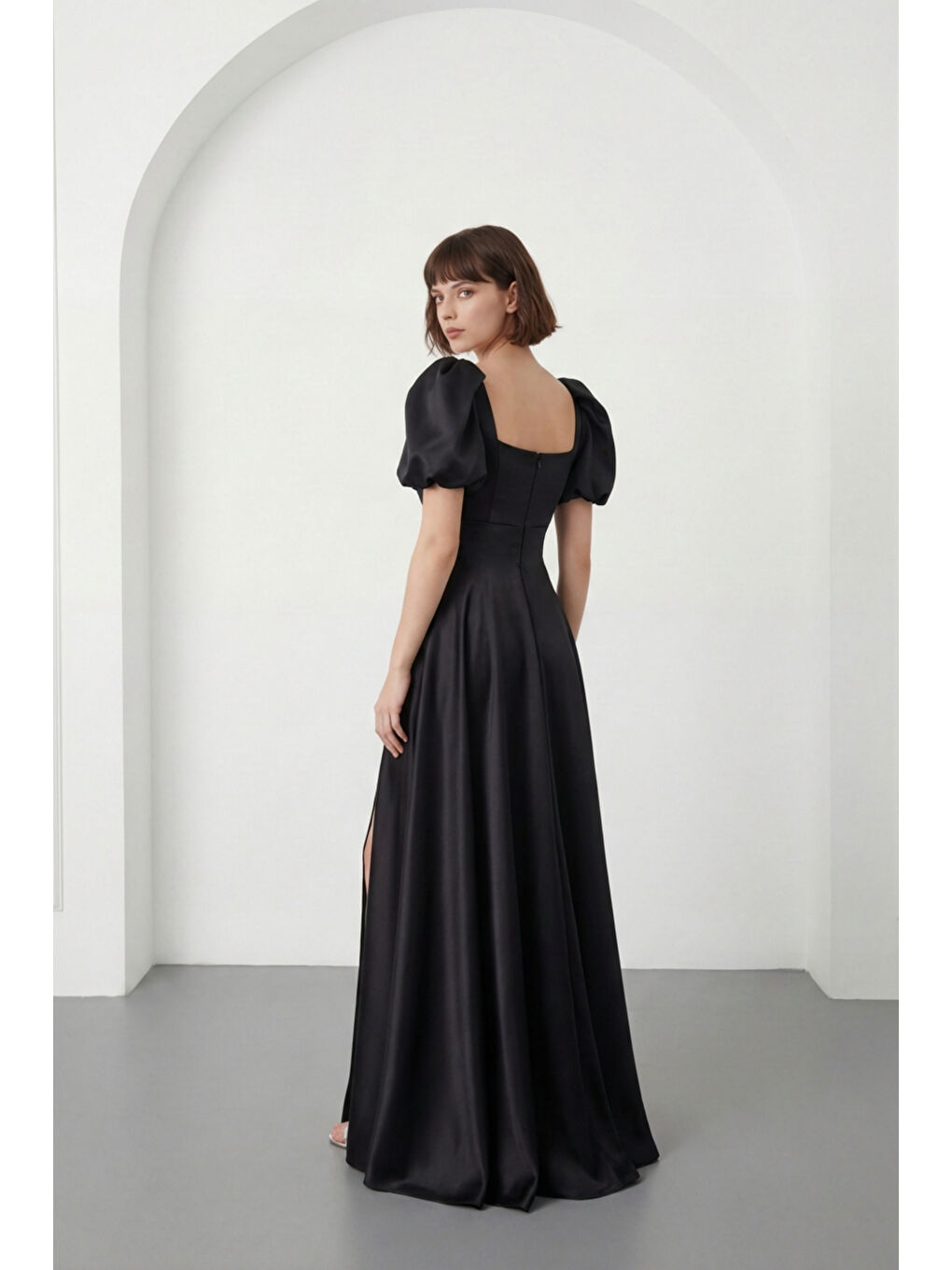 Kadın Siyah Kare Yaka Balon Kol Yırtmaçlı Söz Nişan Nikah Abiye Elbise-5