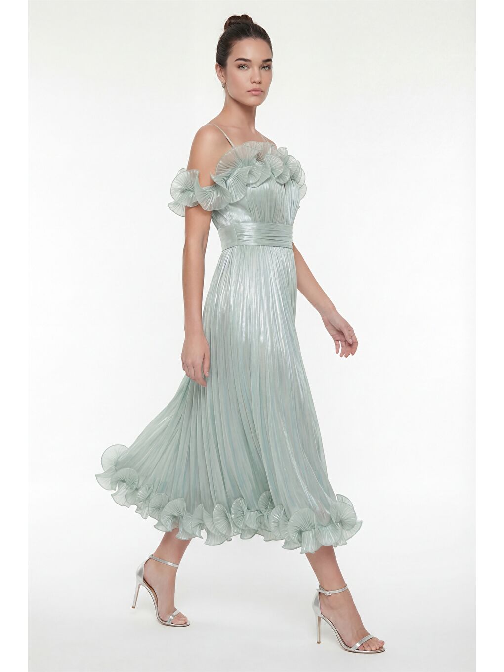 Kadın Mint Yeşili Dar Kalıp Yaka Detay Midi Abiye Elbise-1