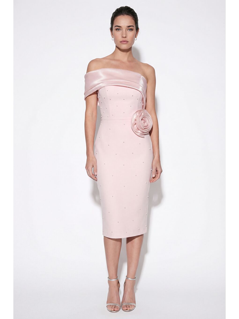 Pembe Kadın Pudra Kayık Yaka İncili Söz Nişan Nikah Abiye Elbise-1