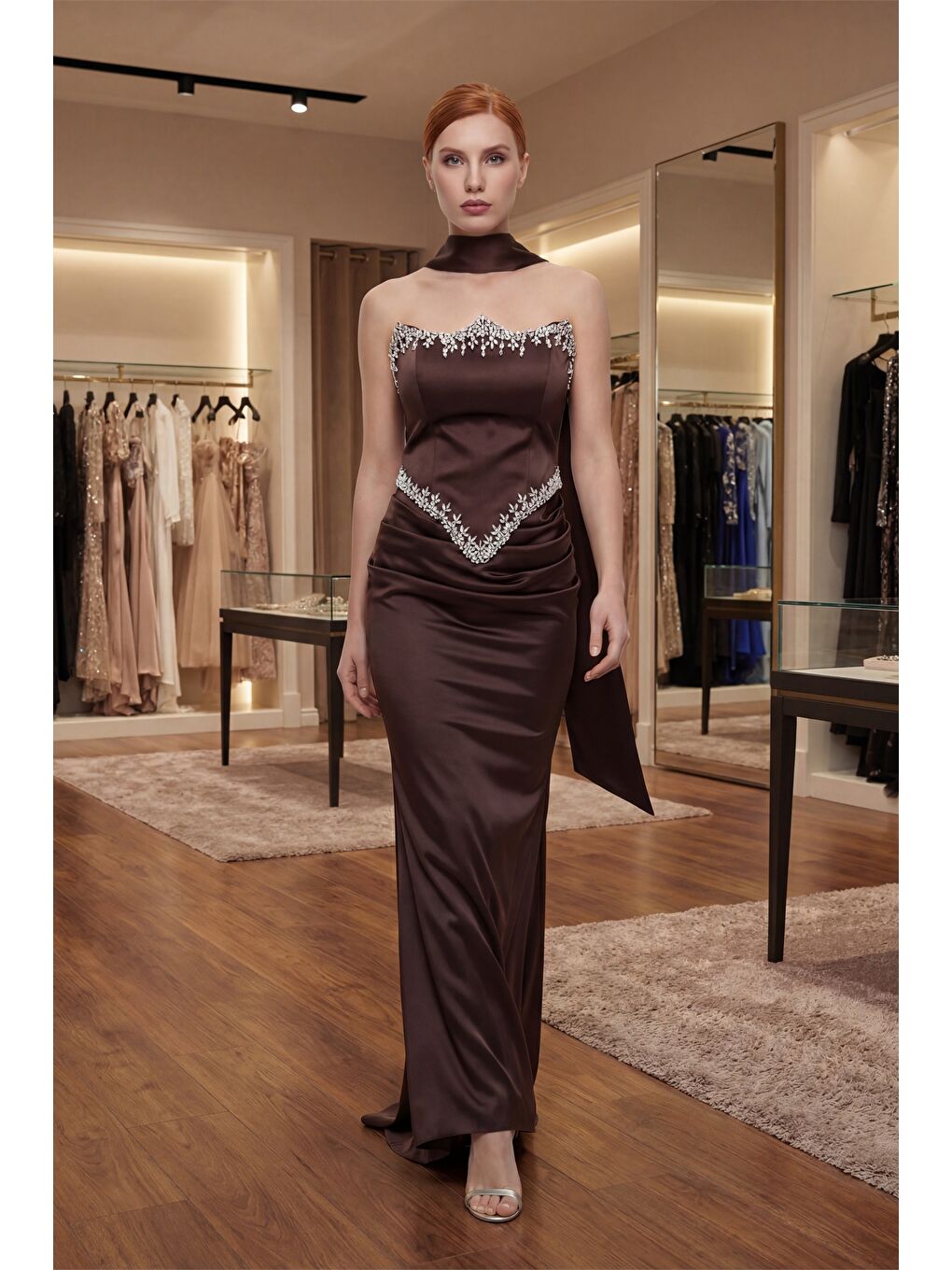 Kadın Kahverengi Dar Kalıp Straplez Taşlı Uzun Saten Abiye Elbise-4
