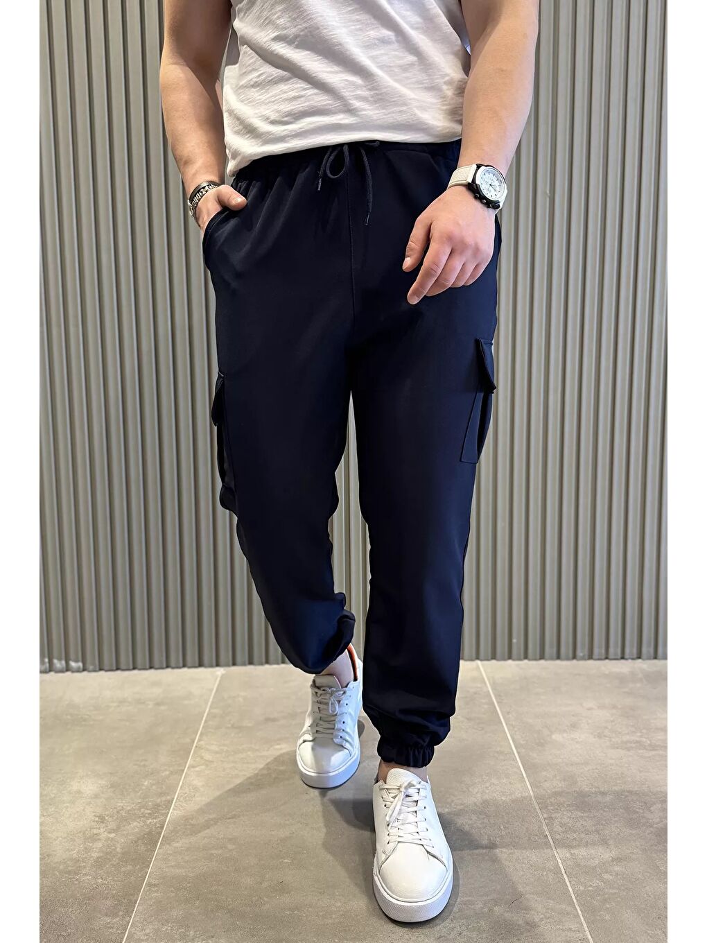 Lacivert Bel Bağlamalı Kargo Cepli Erkek Jogger Yürüyüş Pantolonu