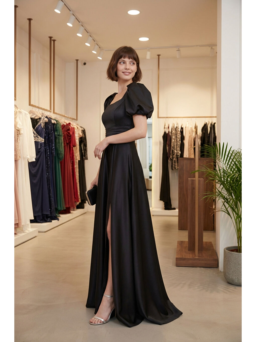 Kadın Siyah Kare Yaka Balon Kol Yırtmaçlı Söz Nişan Nikah Abiye Elbise-6