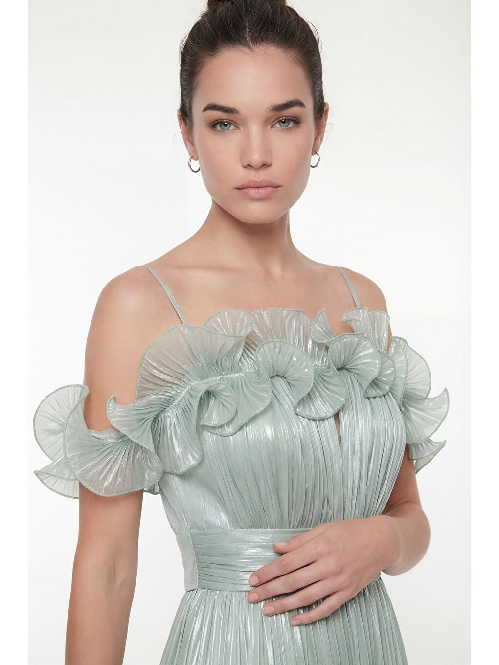 Kadın Mint Yeşili Dar Kalıp Yaka Detay Midi Abiye Elbise-2