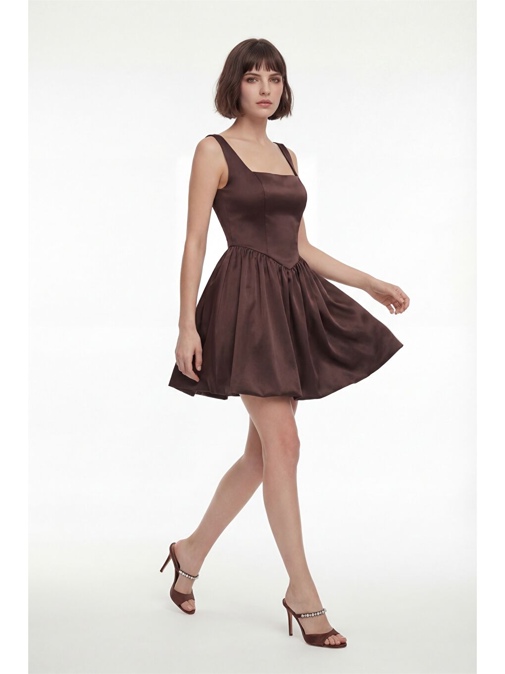 Kadın Kahverengi Kare Yaka Mini Mezuniyet Abiye Elbise