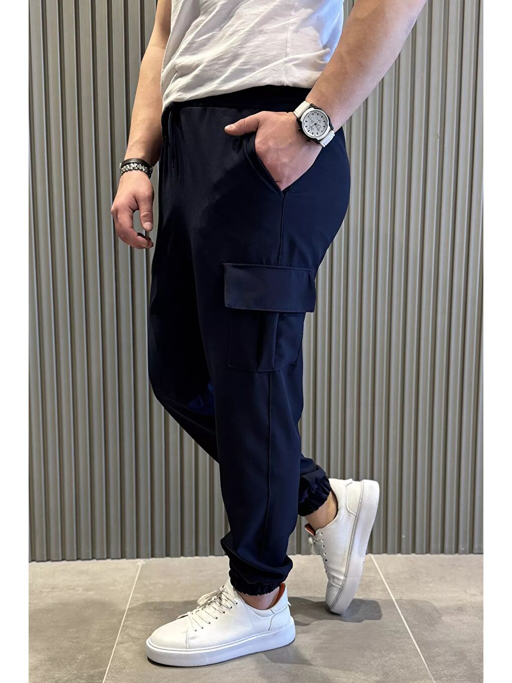 Lacivert Bel Bağlamalı Kargo Cepli Erkek Jogger Yürüyüş Pantolonu-1