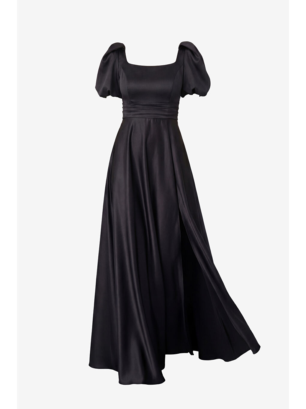 Kadın Siyah Kare Yaka Balon Kol Yırtmaçlı Söz Nişan Nikah Abiye Elbise-7