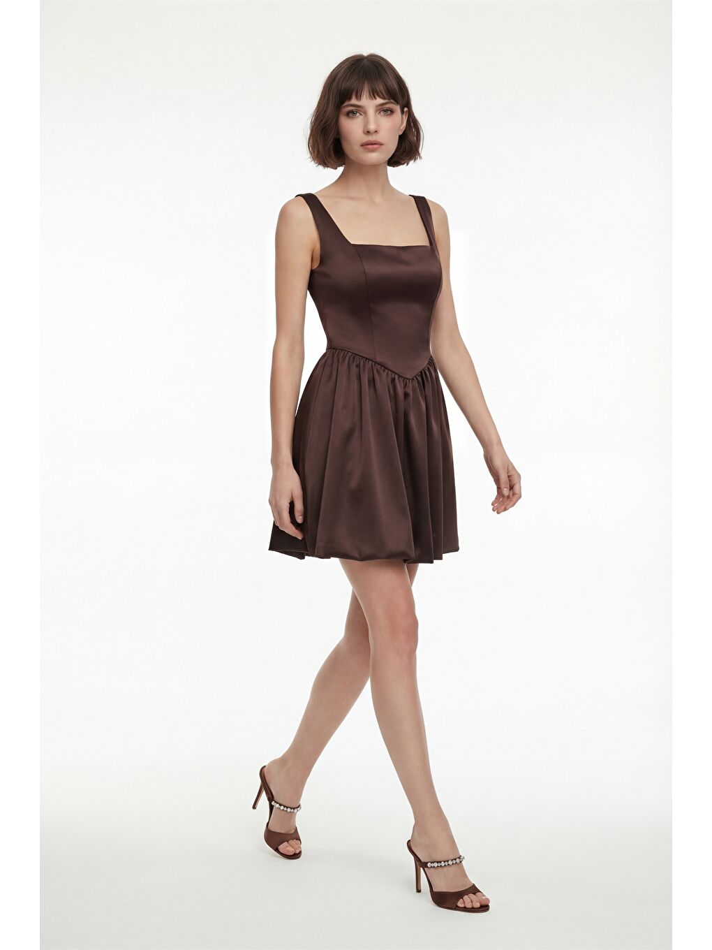 Kadın Kahverengi Kare Yaka Mini Mezuniyet Abiye Elbise-1