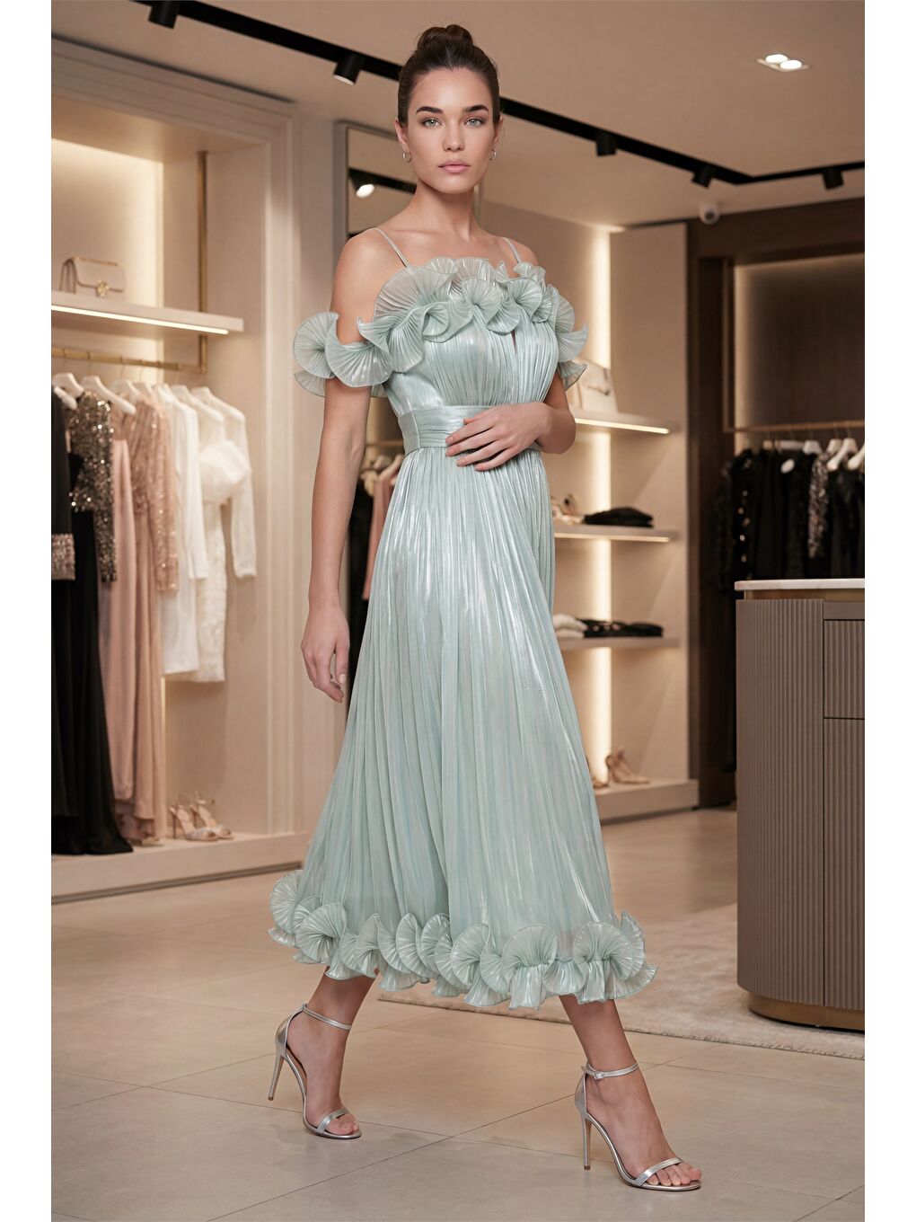 Kadın Mint Yeşili Dar Kalıp Yaka Detay Midi Abiye Elbise-4