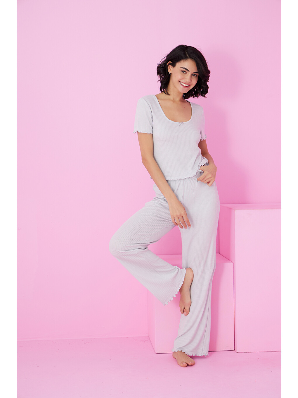 Gri Soft Touch İnce Mevsimlik Örme Pijama Takım7869-1