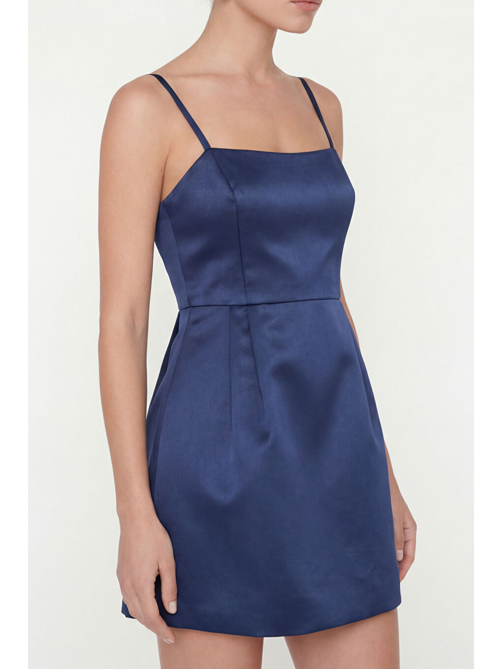 Kadın Lacivert İnce Askılı Mini Saten Mezuniyet Abiye Elbise-2