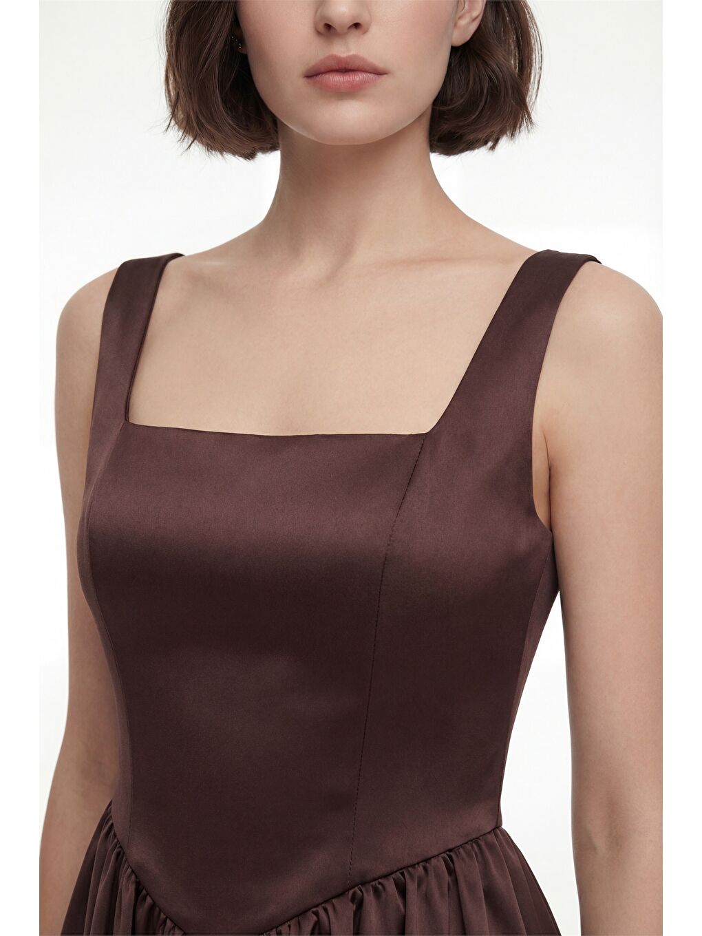 Kadın Kahverengi Kare Yaka Mini Mezuniyet Abiye Elbise-2