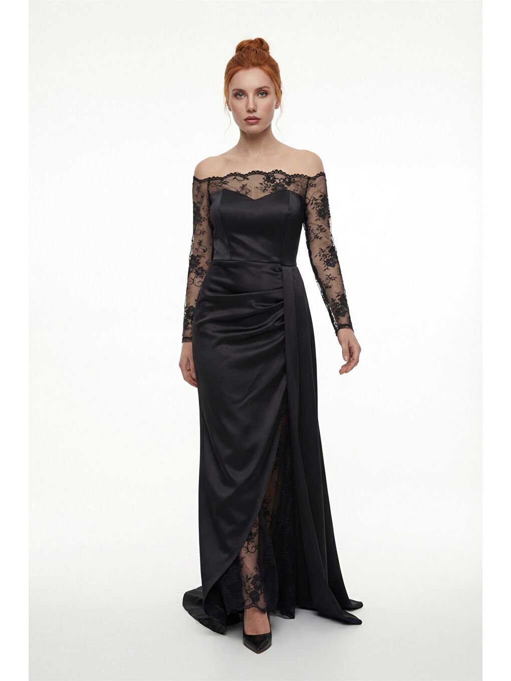 Kadın Siyah Kayık Yaka Dantel Detay Kuyruklu Uzun Abiye Elbise-1