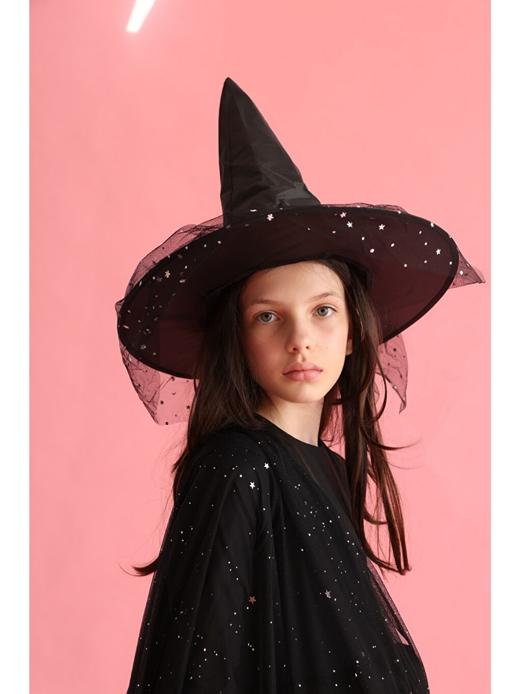 Siyah Yıldızlı Tül Detaylı Çocuk Cadı Şapkası