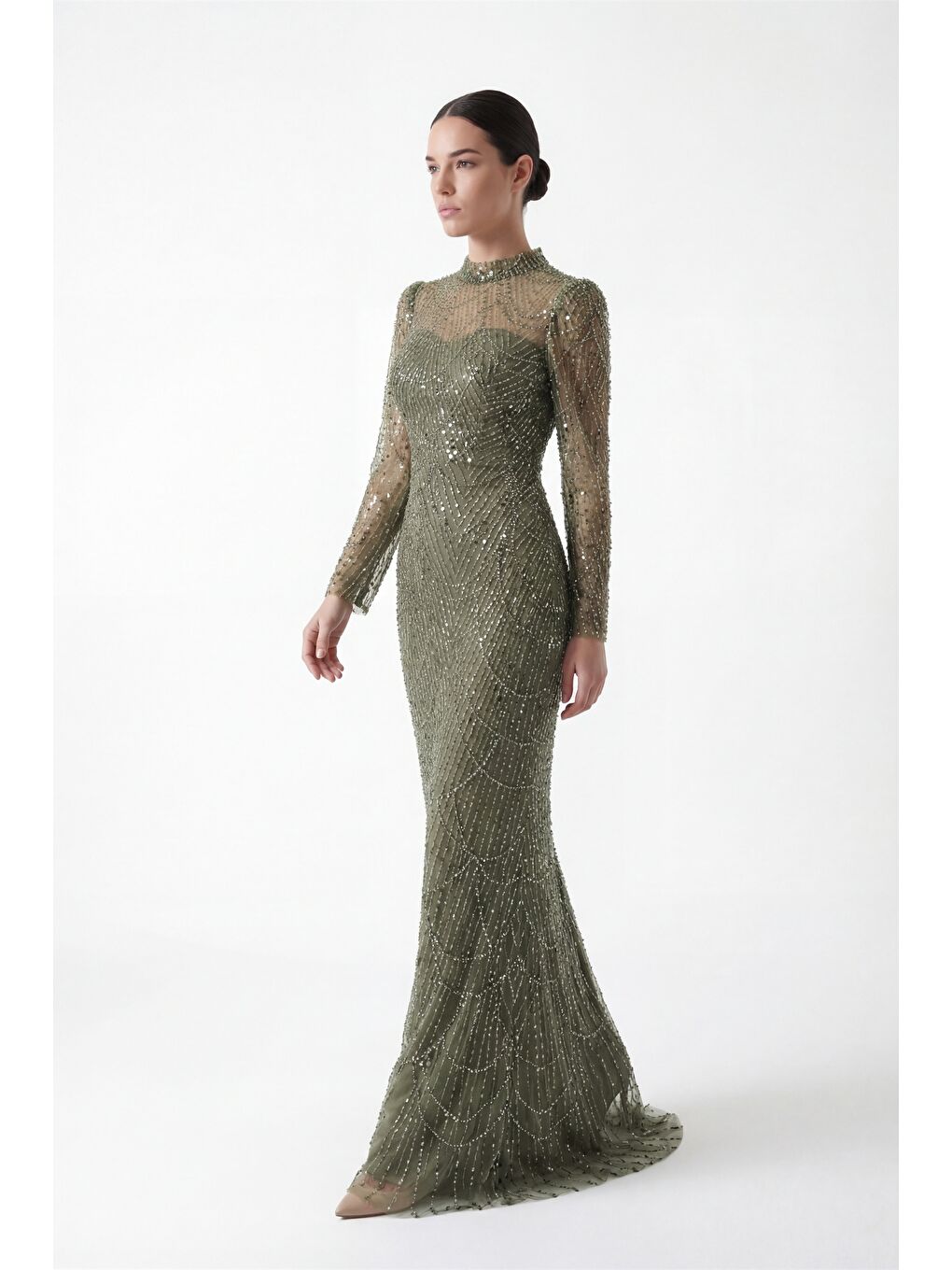 Kadın Haki Uzun Kol Dik Yaka Taşlı Özel Tasarım Abiye