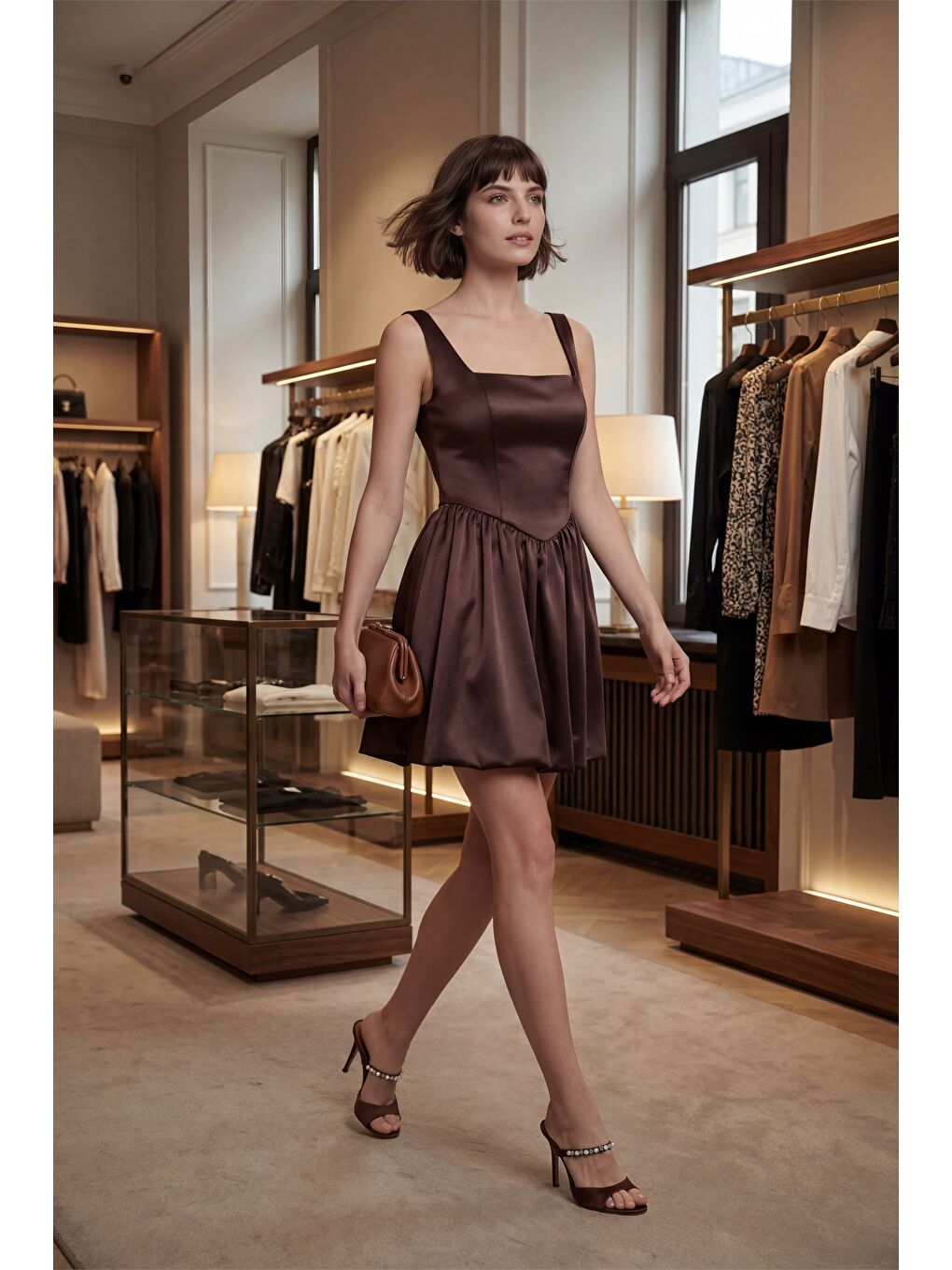 Kadın Kahverengi Kare Yaka Mini Mezuniyet Abiye Elbise-4