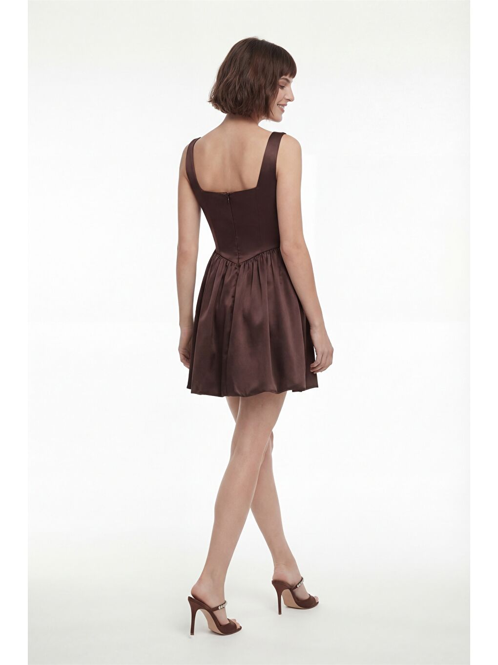 Kadın Kahverengi Kare Yaka Mini Mezuniyet Abiye Elbise-5