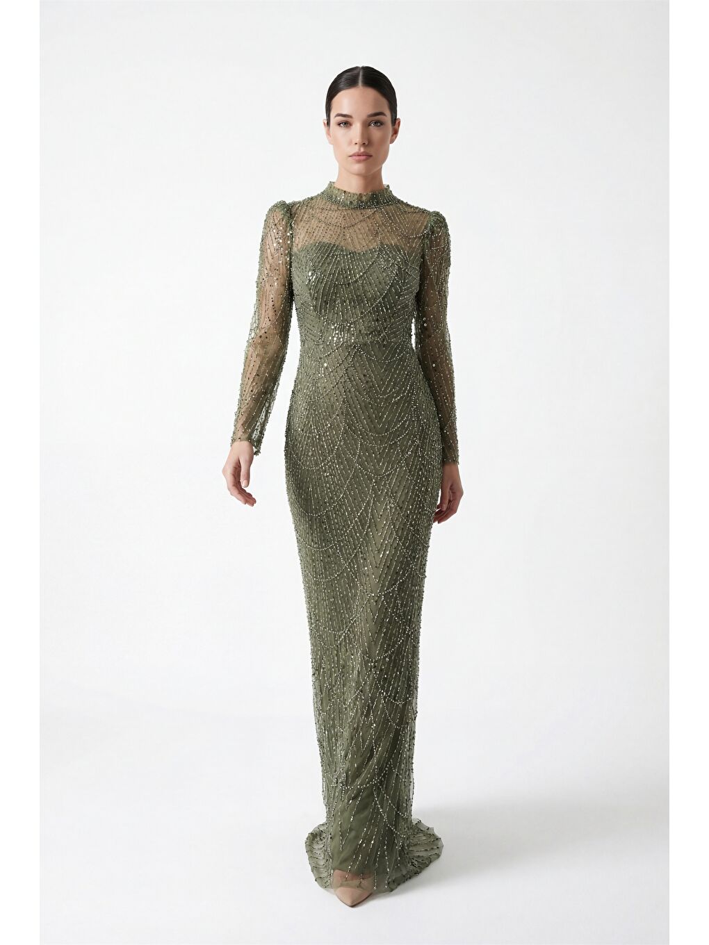 Kadın Haki Uzun Kol Dik Yaka Taşlı Özel Tasarım Abiye-1