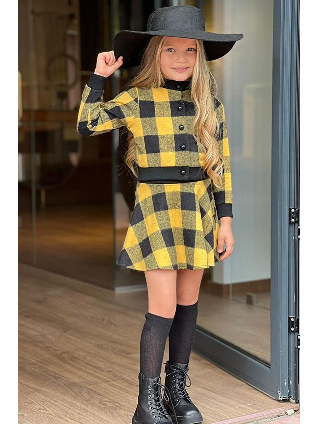Kız Çocuk Şapkalı Kare Desenli Sarı Etekli Takım 3-12 Yaş-1