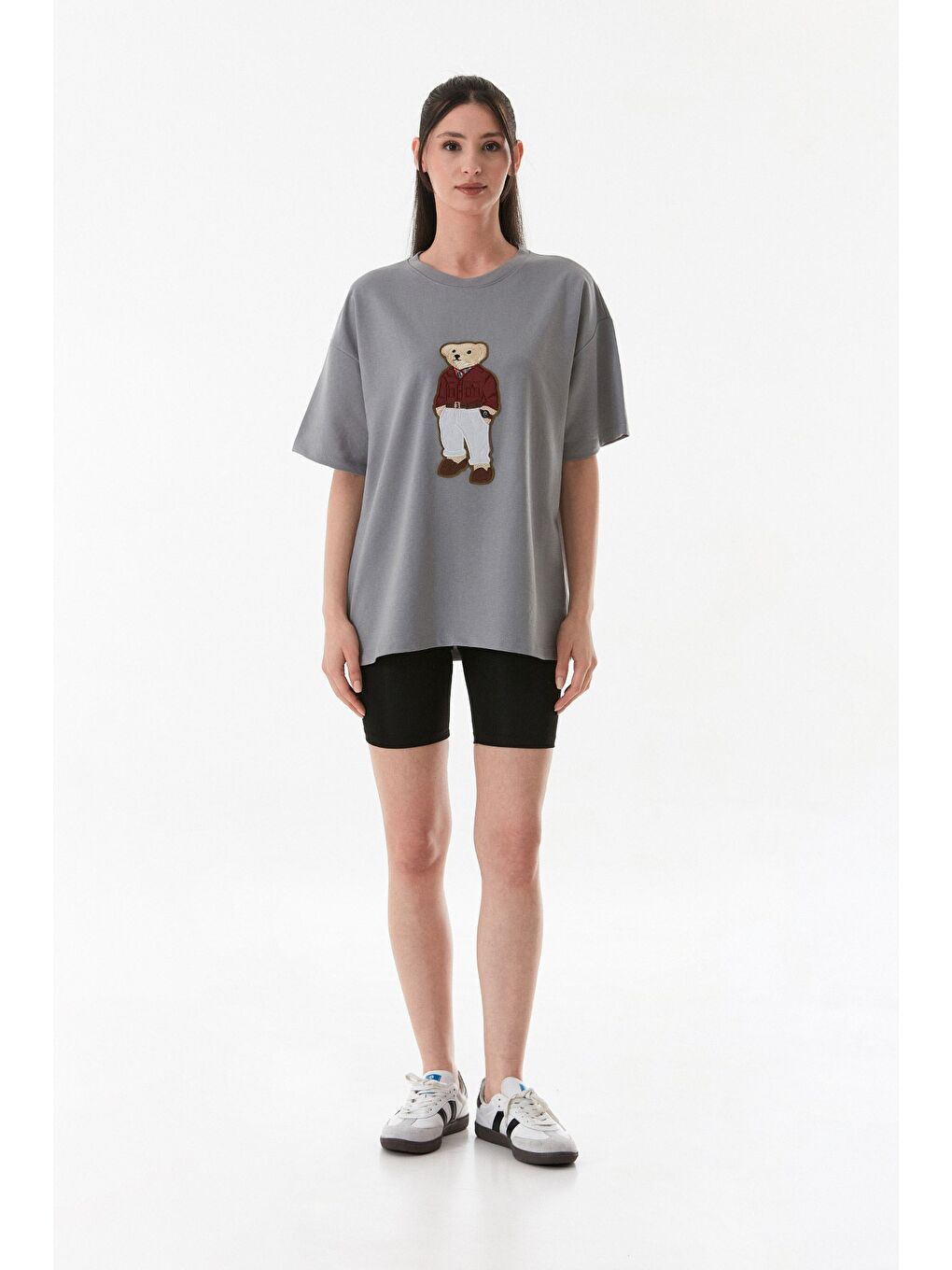Gri Ayıcık Nakışlı Oversize Tişört-1