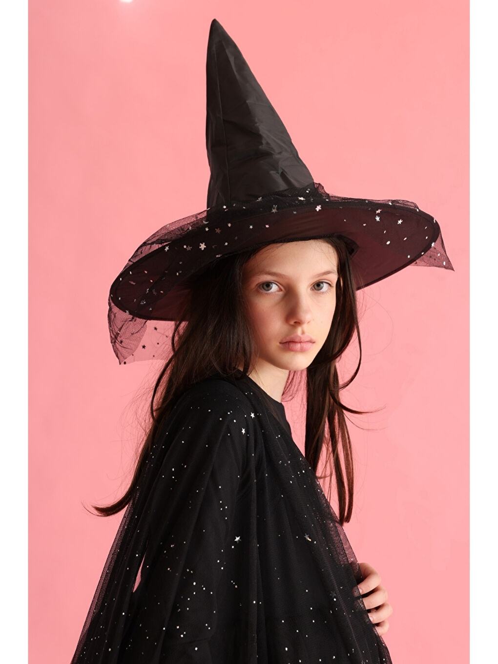 Siyah Yıldızlı Tül Detaylı Çocuk Cadı Şapkası-1