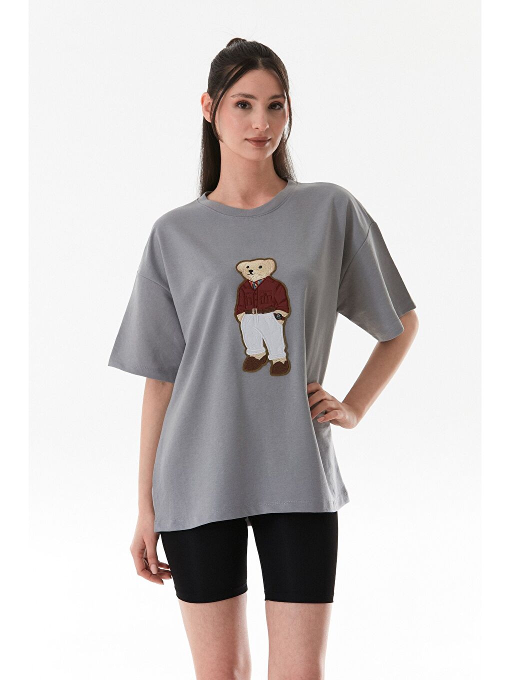 Gri Ayıcık Nakışlı Oversize Tişört-2