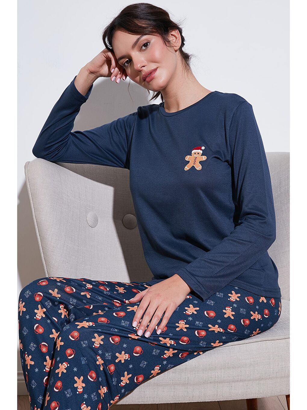 Lela Lacivert Streç Regular Fit Beli Lastikli Bisiklet Yaka Kadın Pijama Takımı 65714101 - 1