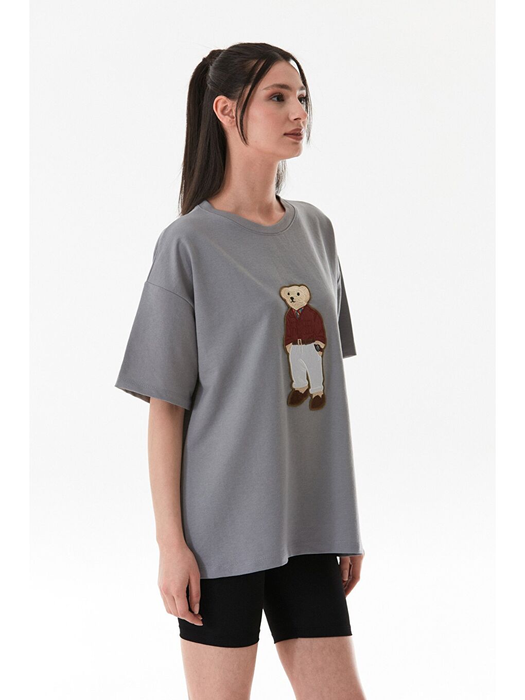 Gri Ayıcık Nakışlı Oversize Tişört-3