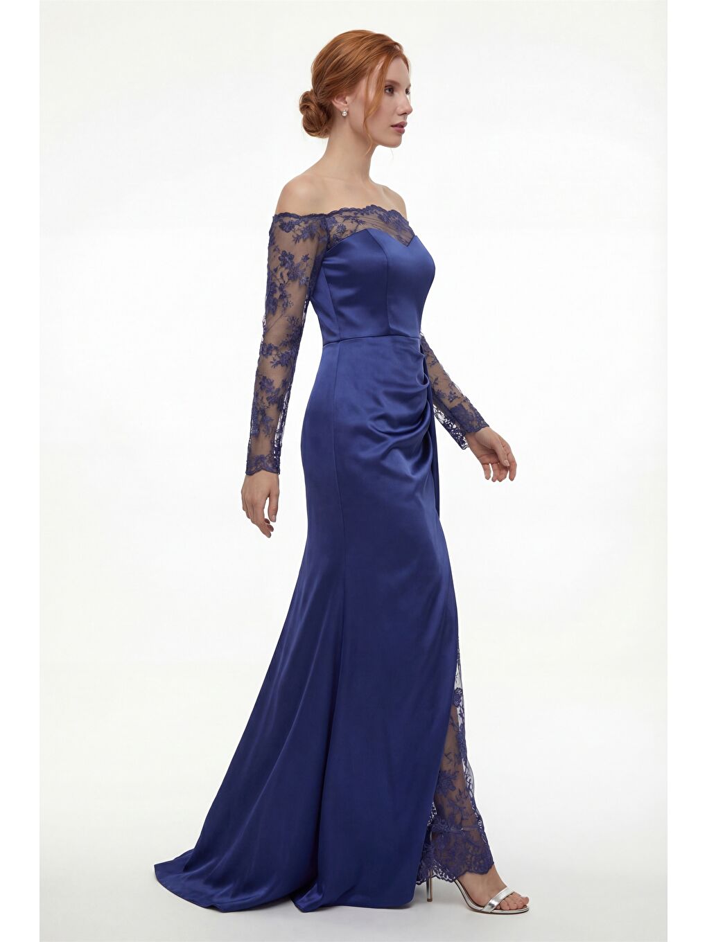 Kadın Lacivert Kayık Yaka Dantel Detay Kuyruklu Uzun Abiye Elbise-1