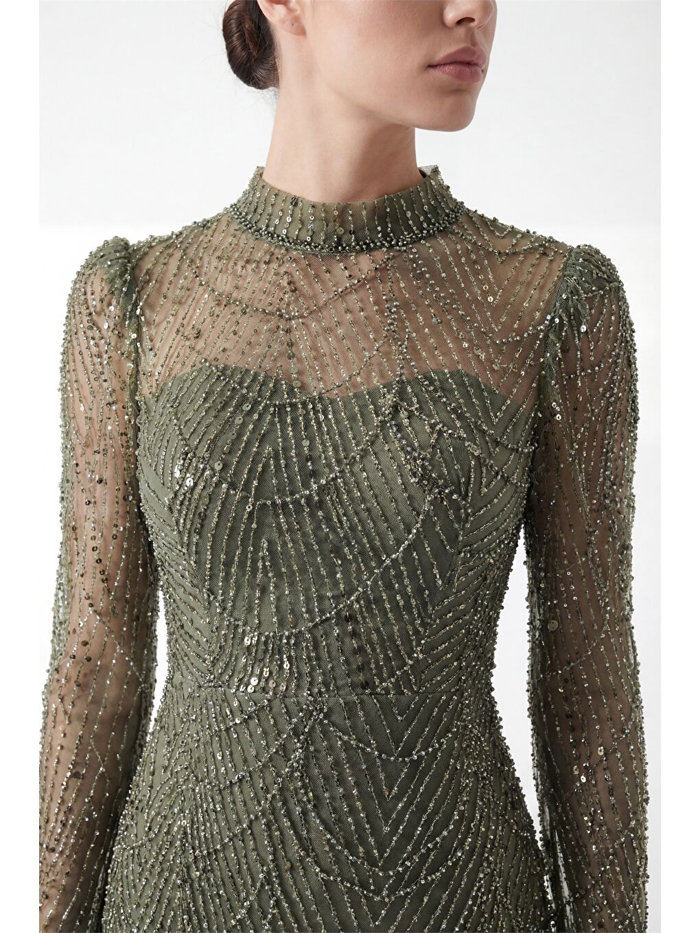 Kadın Haki Uzun Kol Dik Yaka Taşlı Özel Tasarım Abiye-3