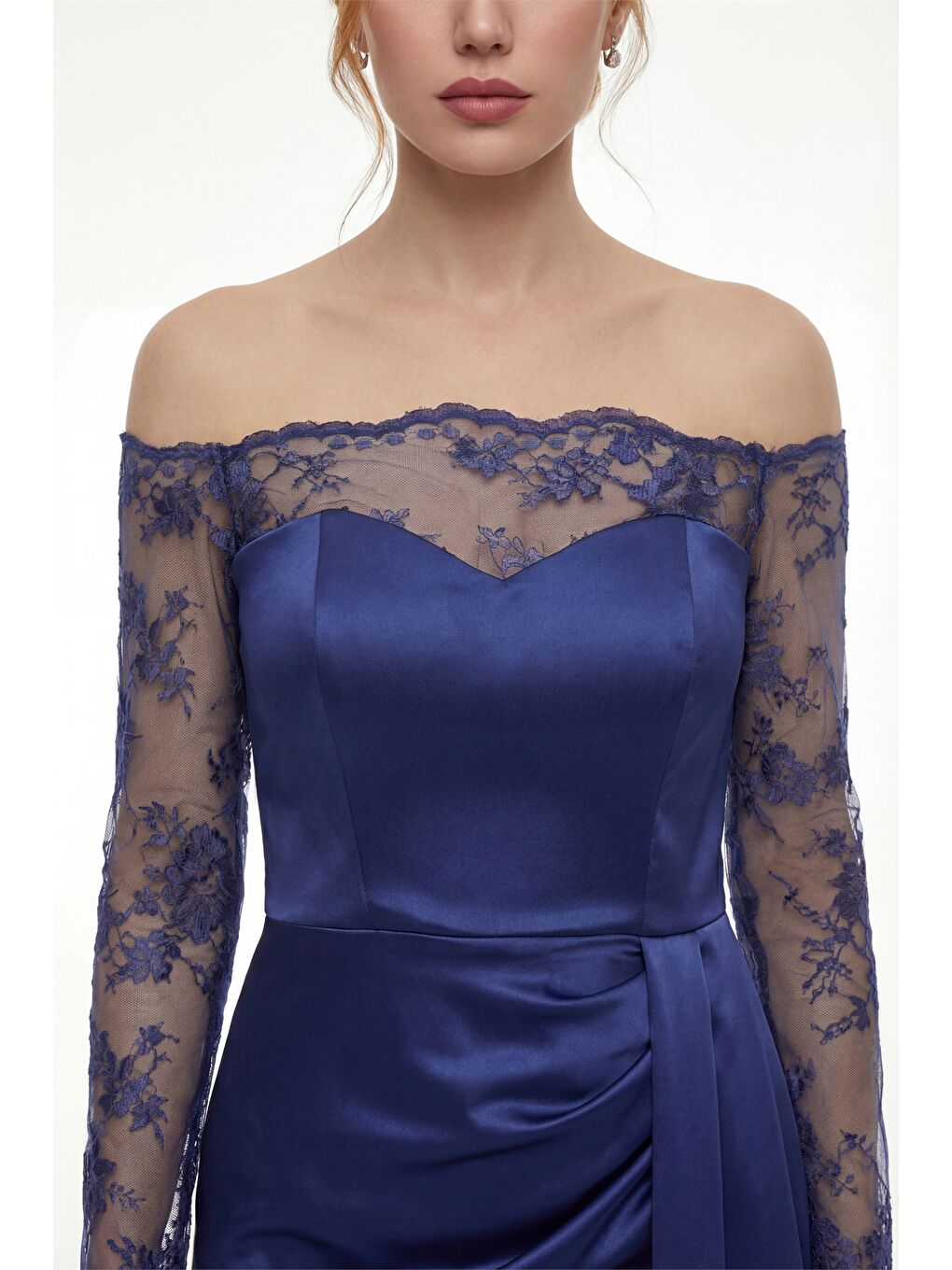 Kadın Lacivert Kayık Yaka Dantel Detay Kuyruklu Uzun Abiye Elbise-2