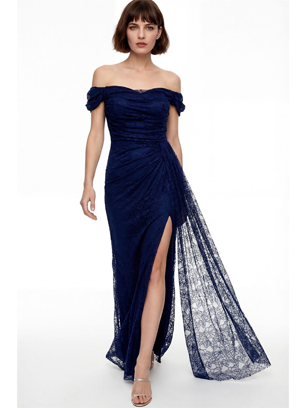 Kadın Lacivert Dar Kalıp Kayık Yaka Dantelli Uzun Abiye Elbise-1